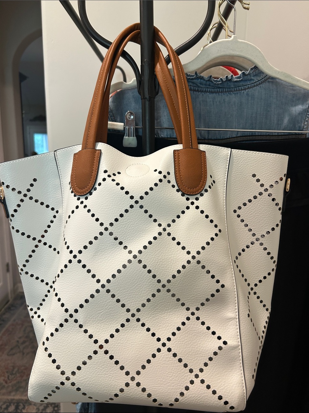 White Perforated Tote with Tan Handles